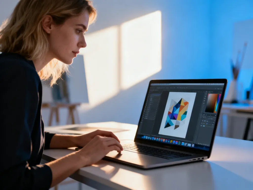 Kobieta pracująca przy laptopie w nowoczesnym studiu, korzystająca z narzędzi do projektowania graficznego.