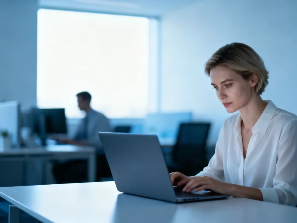 Kobieta pracująca przy laptopie w nowoczesnym biurze, korzystająca z panelu klienta.
