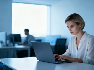 Profesjonalista korzystający z laptopa w nowoczesnym biurze, logujący się do bezpiecznego systemu w panelu użytkownika.