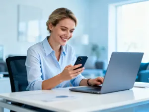Kobieta pracująca przy laptopie w nowoczesnym biurze, ilustrująca proces logowania do systemu eBiuro.