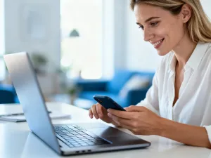 Mężczyzna w nowoczesnym biurze korzystający ze smartfona i tabletu, co ilustruje łatwe zarządzanie usługami online.