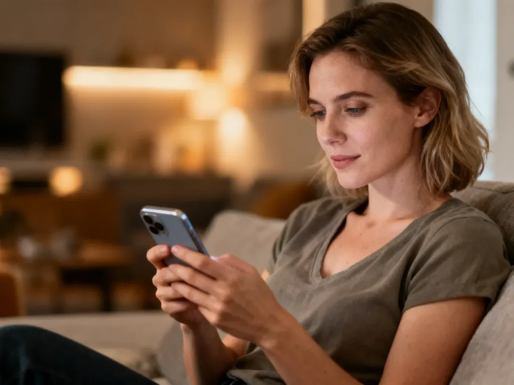 Kobieta siedząca na kanapie i korzystająca ze smartfona, ilustrująca proces logowania do aplikacji Messenger.