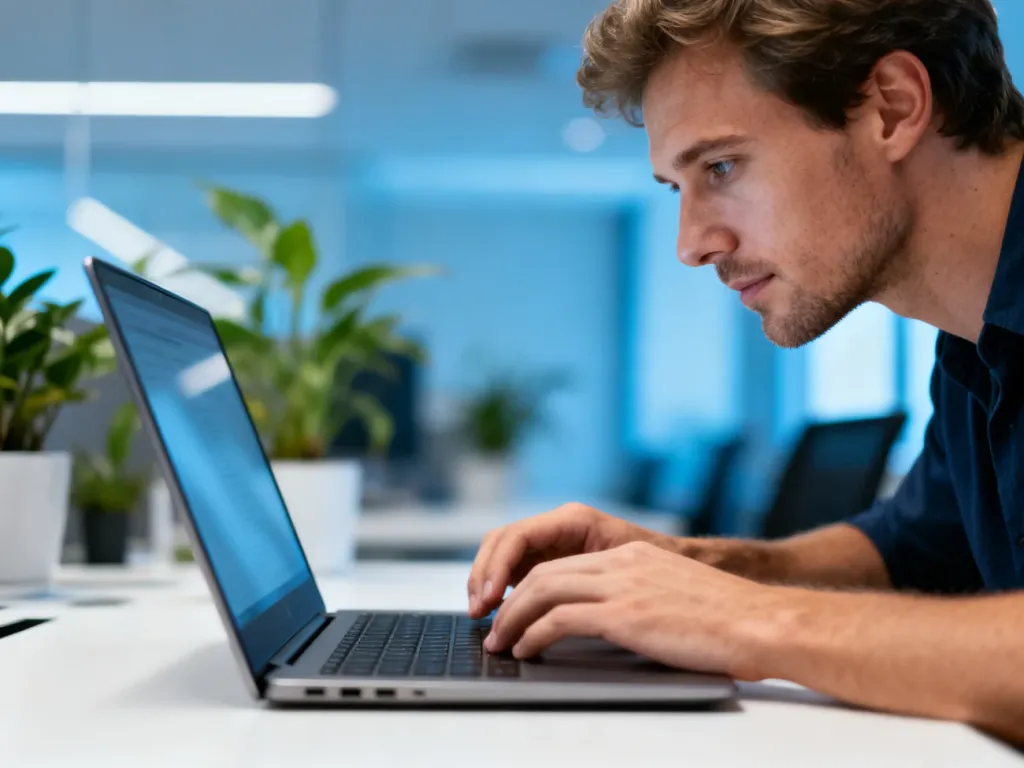 Mężczyzna pracujący przy laptopie w nowoczesnym biurze, symbolizujący proces logowania do systemu Merlin X.