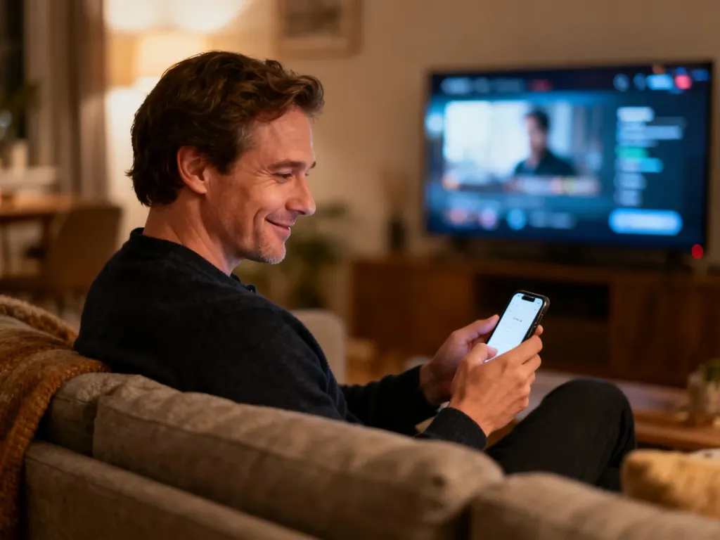 Mężczyzna siedzący na kanapie z uśmiechem przegląda aplikację Netflix na smartfonie w przytulnym salonie.