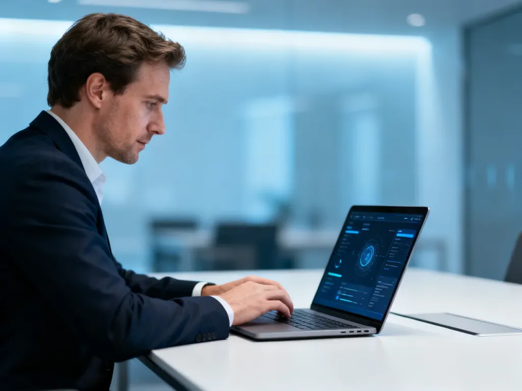 Pracownik biurowy skupiony na pracy przy laptopie w nowoczesnym, profesjonalnym wnętrzu.