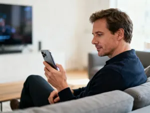 Mężczyzna siedzący na kanapie z telefonem w dłoni, korzystający z usług online w przytulnym salonie.