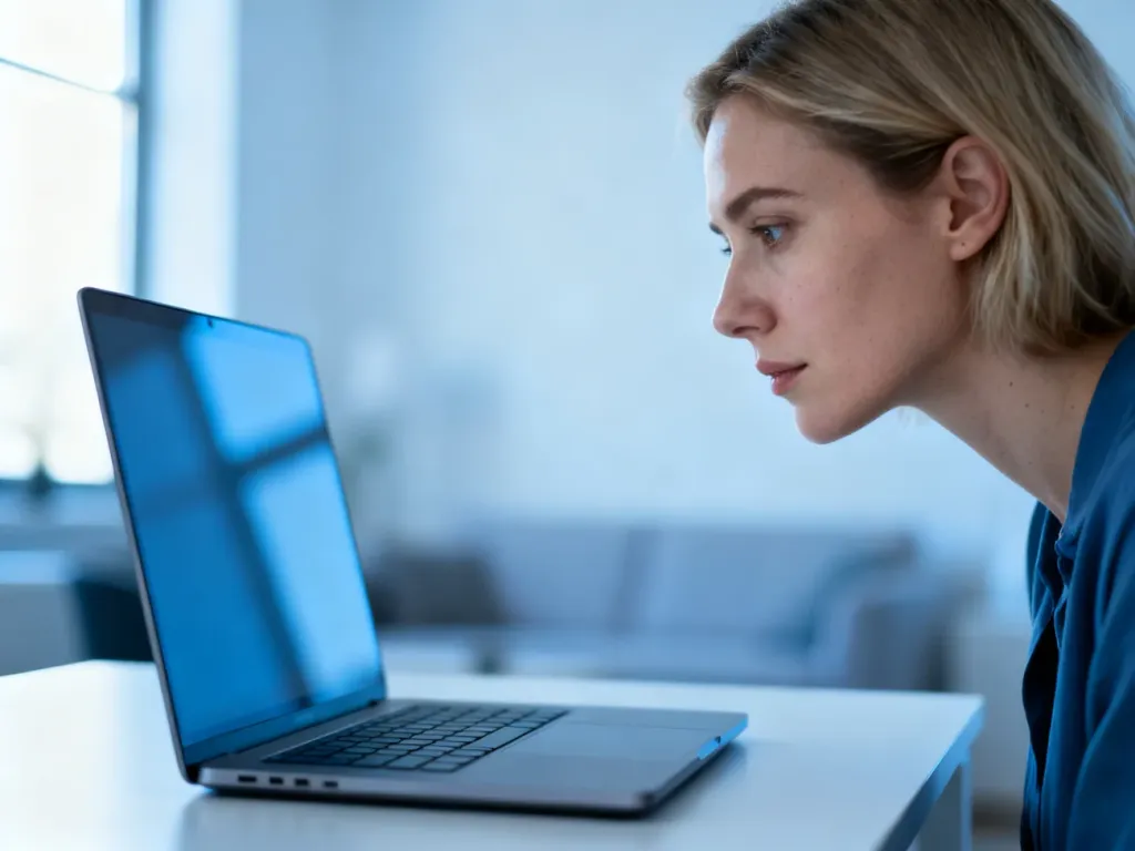 Kobieta skupiona na pracy przy laptopie w nowoczesnym biurze domowym, korzystająca z poczty elektronicznej.