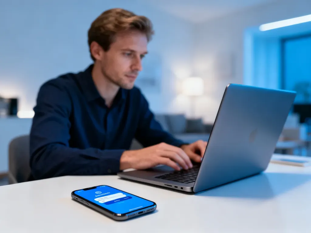 Mężczyzna pracujący przy laptopie z widocznym na smartfonie interfejsem logowania w nowoczesnym biurze.