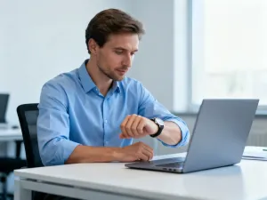 Skupiony pracownik biurowy korzystający z laptopa w nowoczesnym, jasnym wnętrzu.
