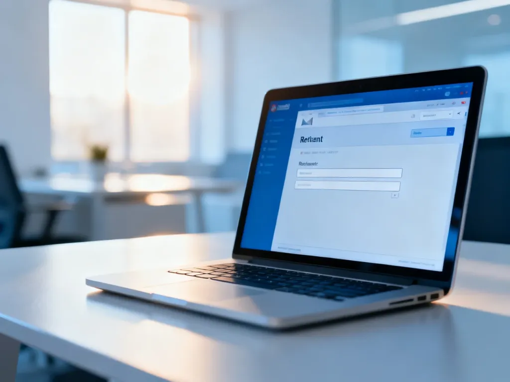 Nowoczesny laptop z otwartą skrzynką odbiorczą e-mail na tle jasnego, profesjonalnego biura.