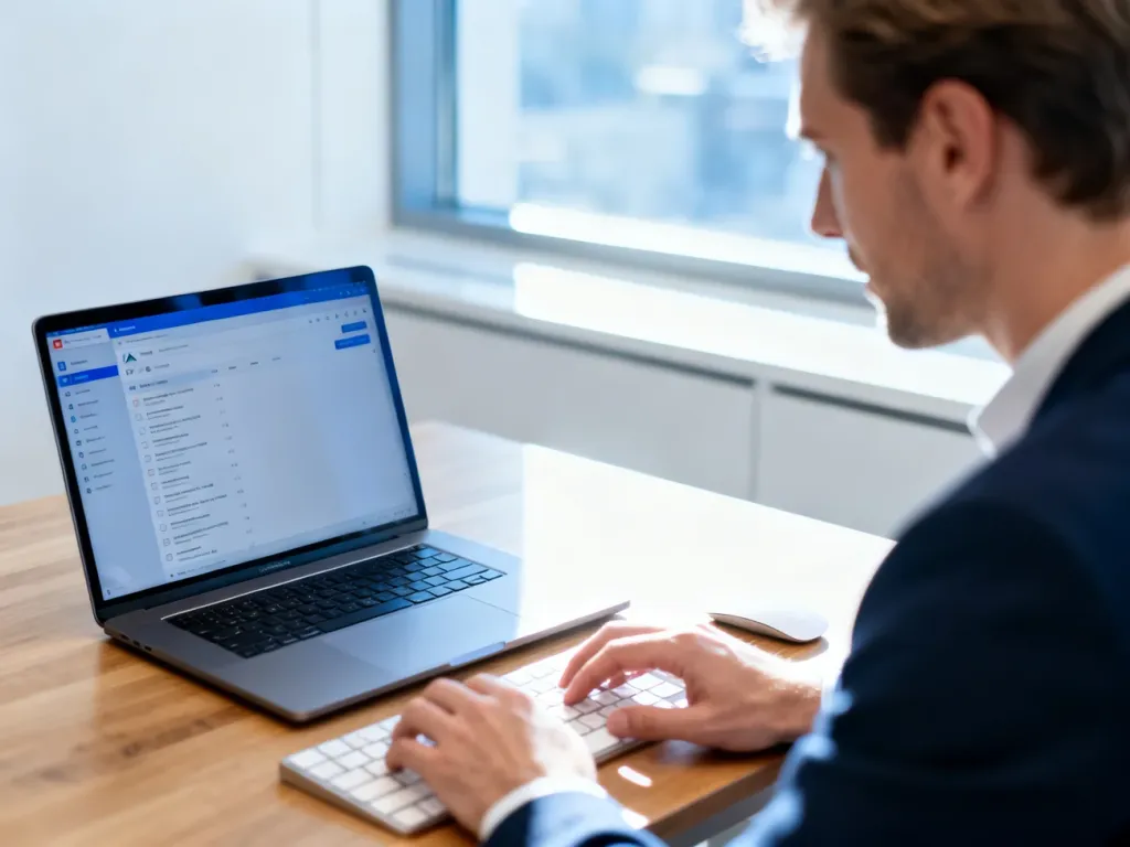 Mężczyzna piszący e-mail na laptopie w nowoczesnym biurze, ilustrujący profesjonalną komunikację biznesową.