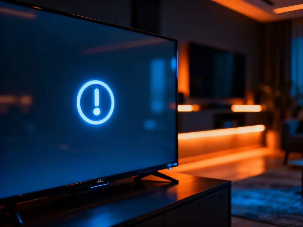 Ekran nowoczesnego telewizora z ikoną błędu technicznego w przyciemnionym salonie. Ilustracja problemów z dostępem do Disney+.