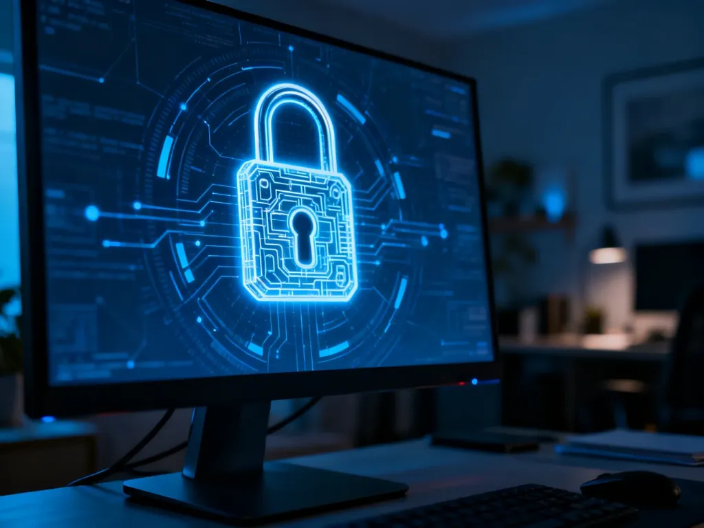 Świecąca ikona cyfrowej kłódki na ekranie monitora, symbolizująca ochronę komputera przed atakami typu ransomware.