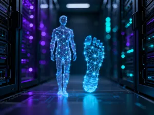 Świecąca cyfrowa tarcza nad serwerownią, symbolizująca zaawansowaną ochronę przed cyberzagrożeniami.