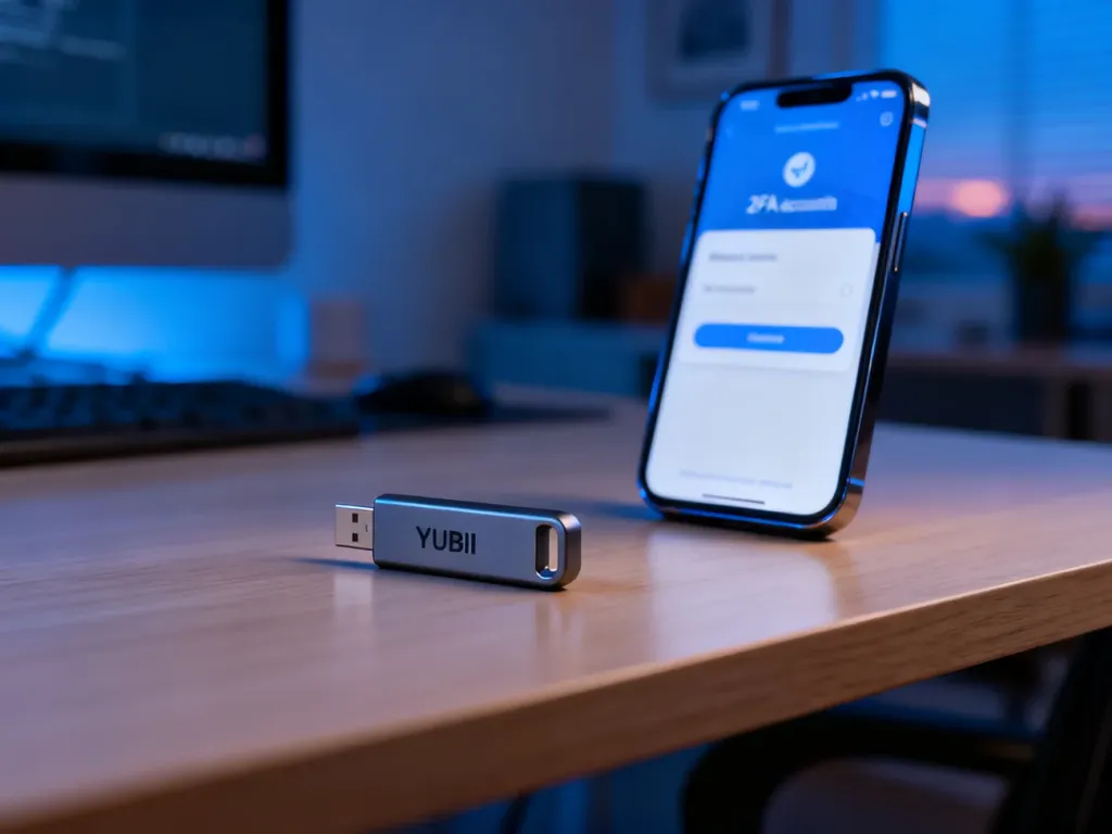 Klucz bezpieczeństwa USB leżący na biurku obok smartfona z aplikacją do uwierzytelniania dwuskładnikowego.