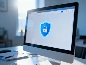 Świecąca ikona kłódki na tle układów scalonych i kodu binarnego, symbolizująca ochronę danych przed atakami ransomware.
