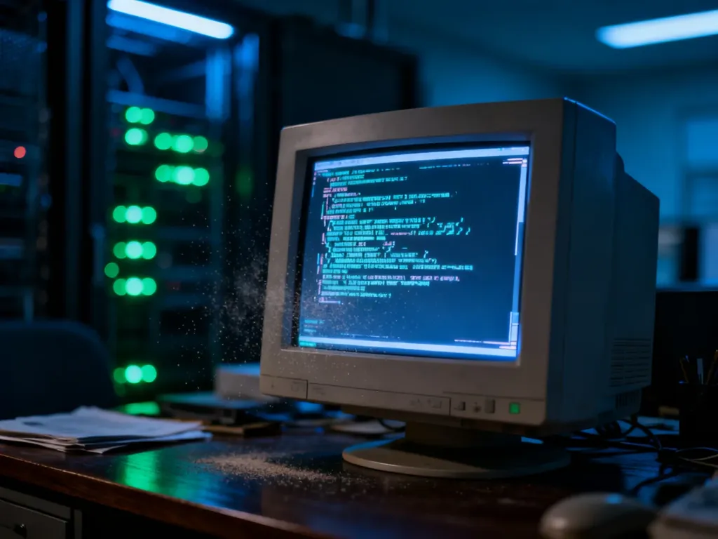 Zniekształcony błąd systemowy na ekranie starego monitora w ciemnym biurze, symbolizujący awarię techniczną.