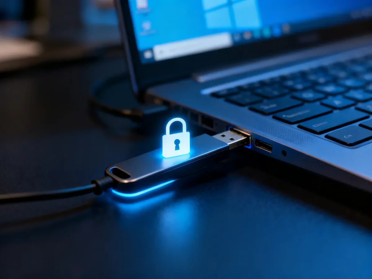 Pendrive podłączony do komputera i zabezpieczony szyfrowaniem