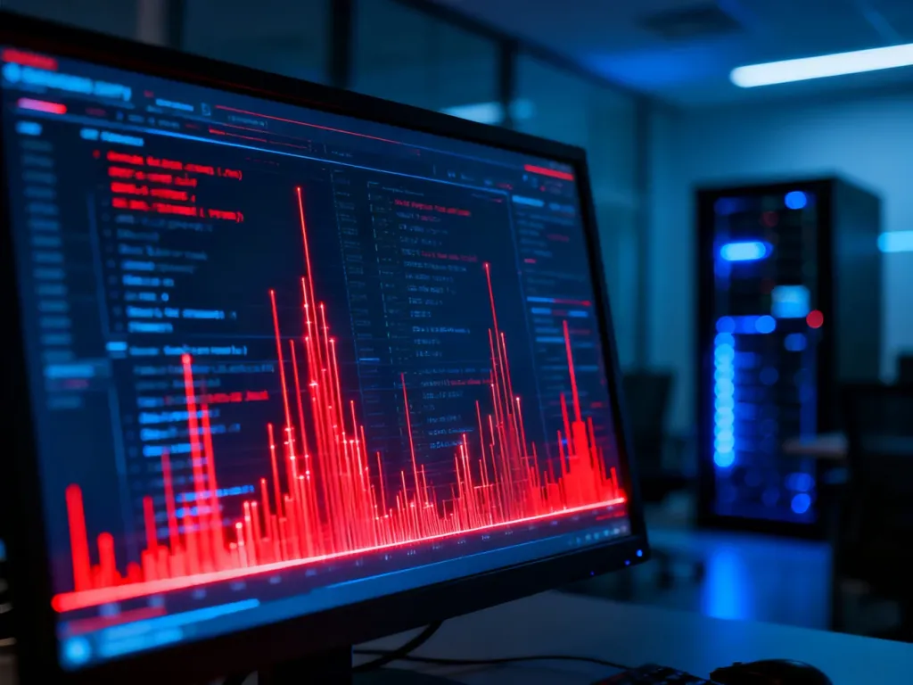 Cyfrowy panel bezpieczeństwa z wykrytymi anomaliami w danych, symbolizujący monitorowanie zagrożeń w systemie informatycznym.