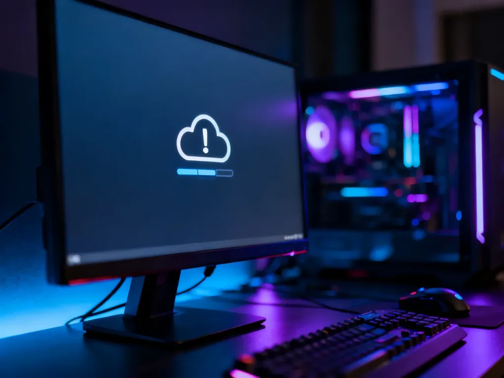 Monitor gamingowy z ikoną błędu synchronizacji w chmurze w otoczeniu niebieskiego i fioletowego oświetlenia RGB.