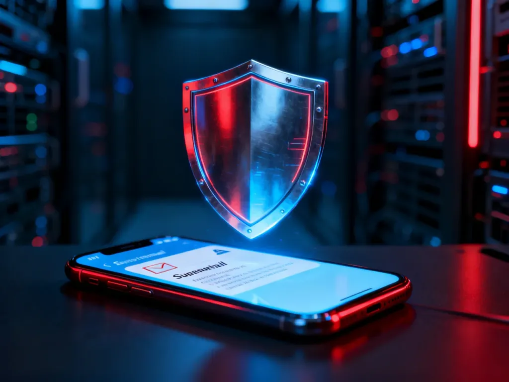 Cyfrowa tarcza chroniąca smartfon przed podejrzanym powiadomieniem e-mail, symbolizująca bezpieczeństwo w sieci.