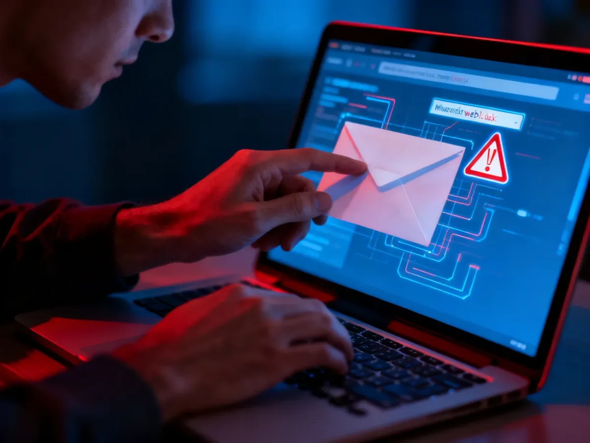 Osoba analizująca podejrzaną wiadomość e-mail na laptopie