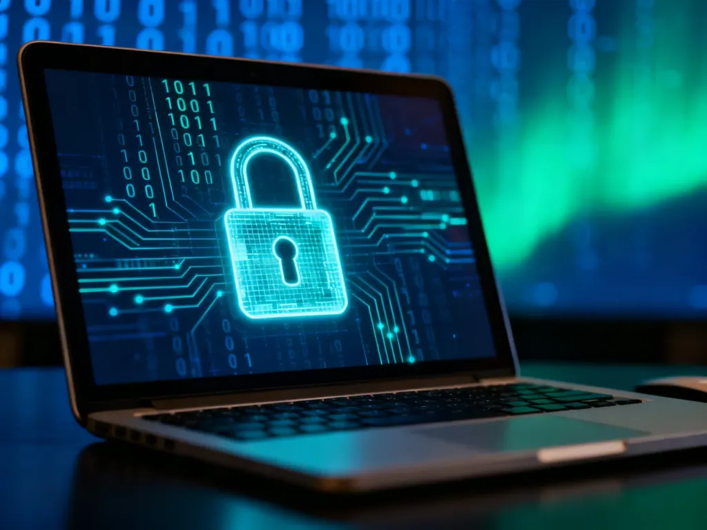 Cyfrowa kłódka na ekranie laptopa symbolizująca zabezpieczenie danych za pomocą szyfrowania BitLocker.