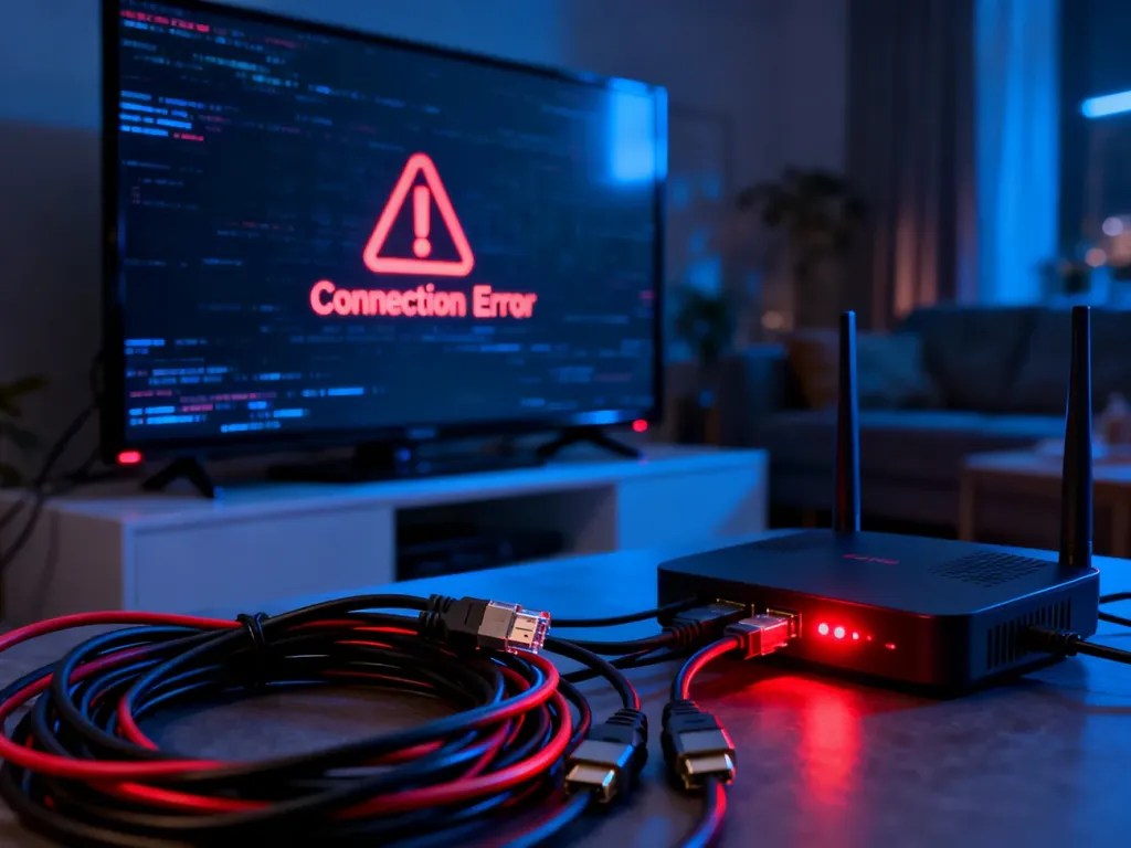 Telewizor z błędem połączenia, splątane kable HDMI oraz router z migającymi czerwonymi diodami w ciemnym salonie.