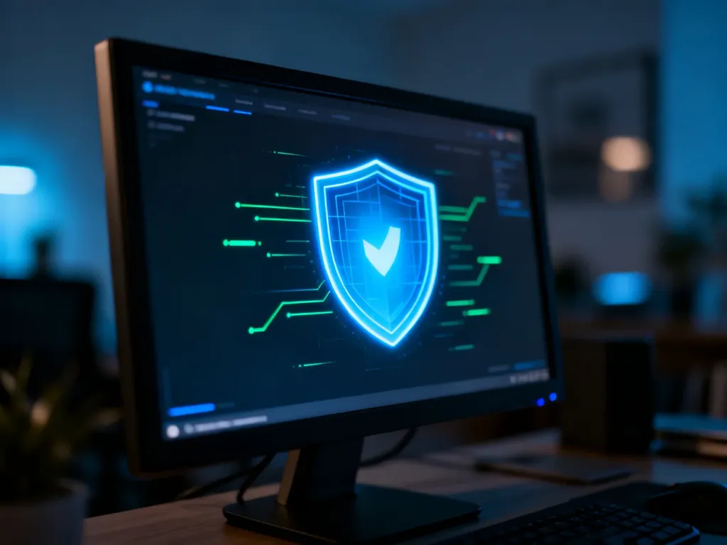 Cyfrowa tarcza na ekranie komputera symbolizująca ochronę przed wirusami i cyberbezpieczeństwo systemu Windows.