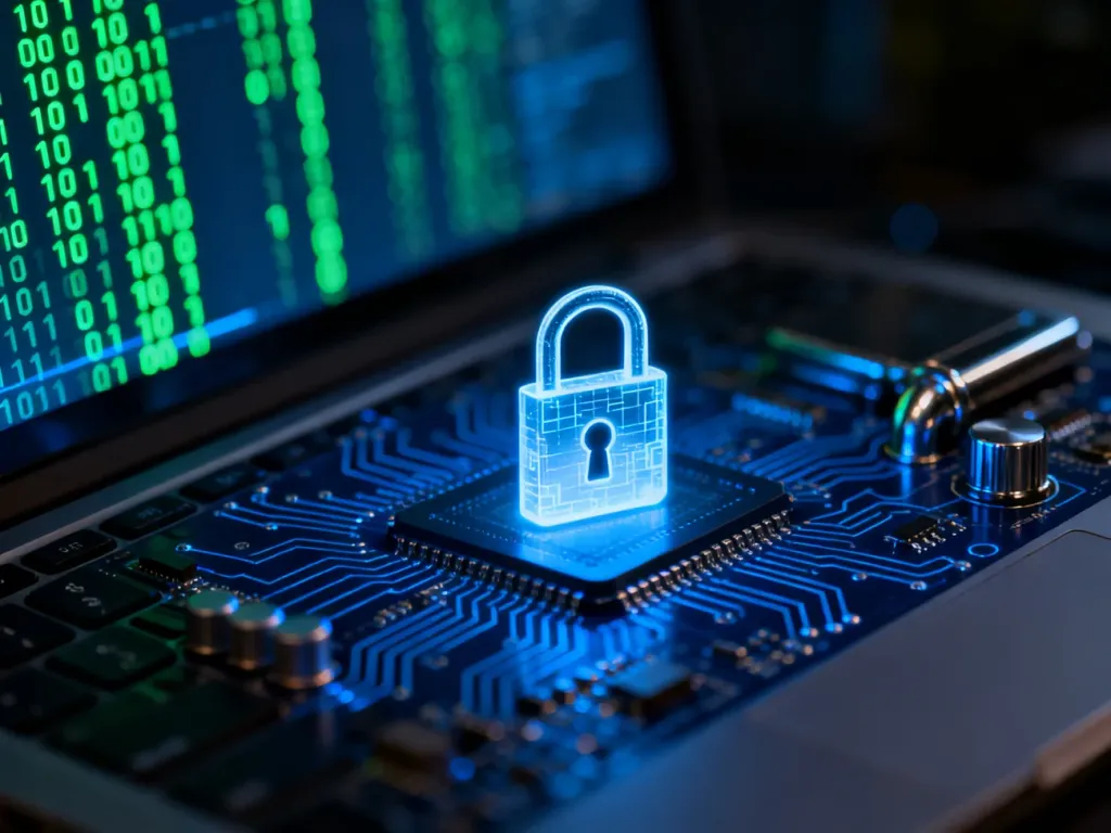 Świecąca ikona kłódki na tle układów scalonych i kodu binarnego, symbolizująca ochronę danych przed atakami ransomware.