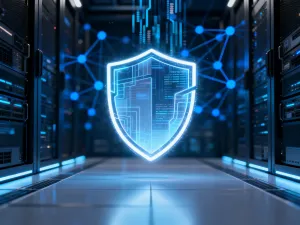 Cyfrowa tarcza ochronna unosząca się nad płytą główną komputera, symbolizująca zaawansowaną ochronę przed cyberzagrożeniami.