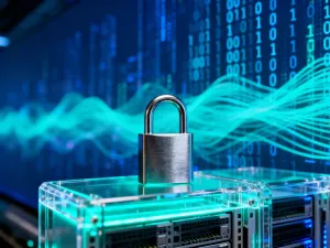 Cyfrowa kłódka zintegrowana z obwodem drukowanym, symbolizująca zaawansowane szyfrowanie danych w technologii AES.