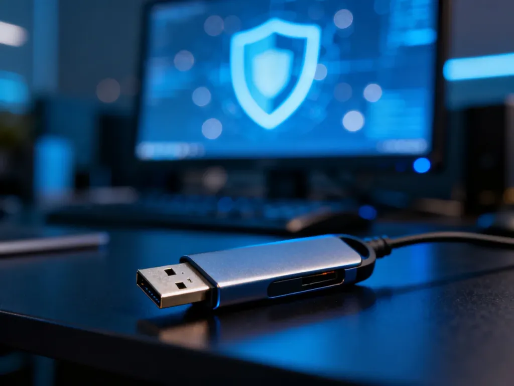 Nowoczesny pendrive na biurku z ikoną tarczy bezpieczeństwa na monitorze w tle, symbolizujący ochronę danych.