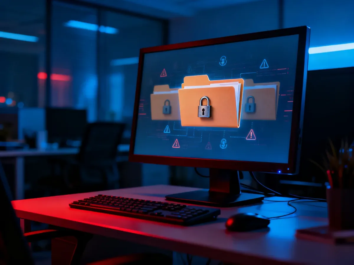 Komputer z zablokowanymi plikami podczas ataku ransomware