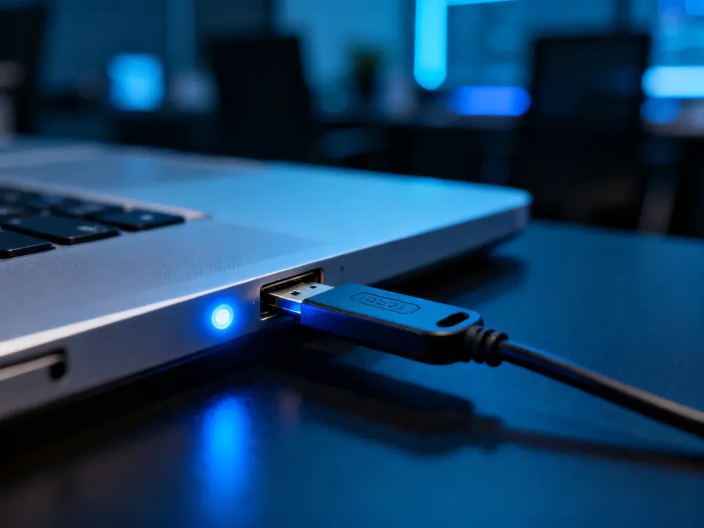 Klucz bezpieczeństwa U2F wpięty do portu USB laptopa z widoczną diodą sygnalizacyjną w nowoczesnym biurowym otoczeniu.