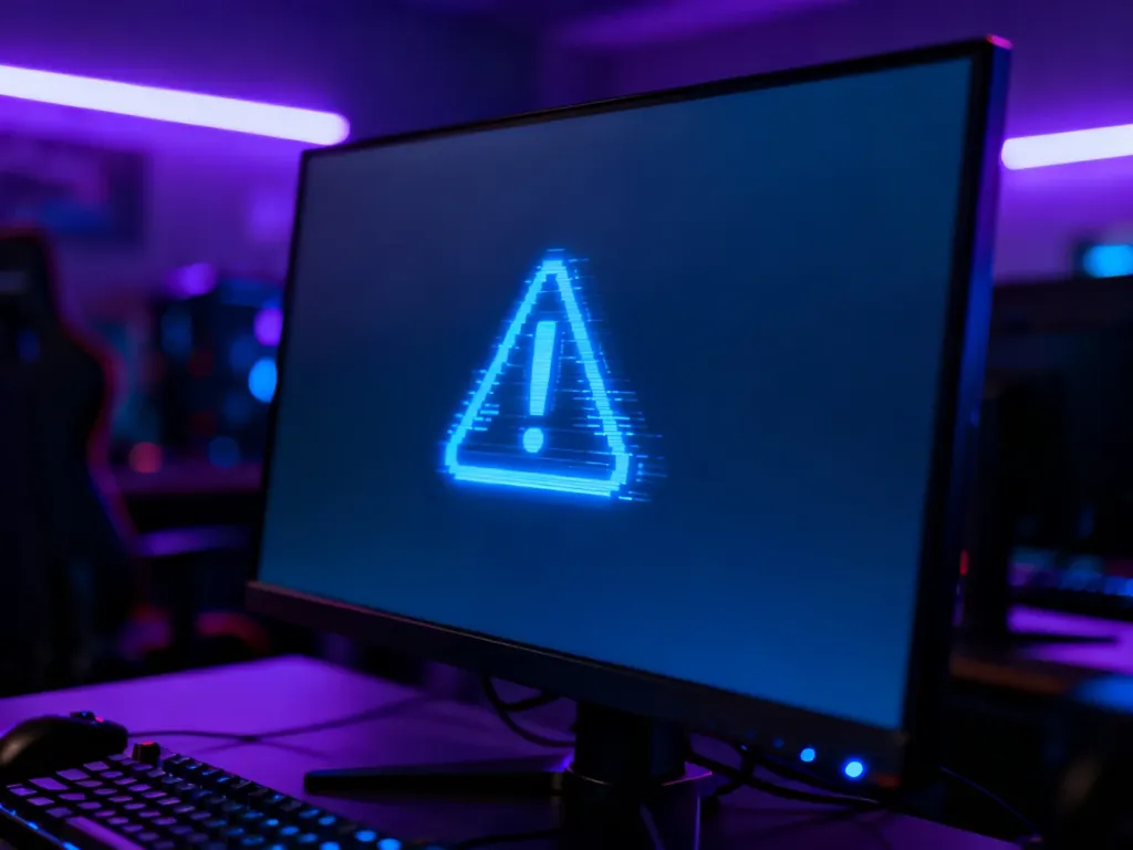 Niebieska ikona błędu cyfrowego na ekranie monitora w ciemnym pokoju gracza z fioletowym podświetleniem LED.