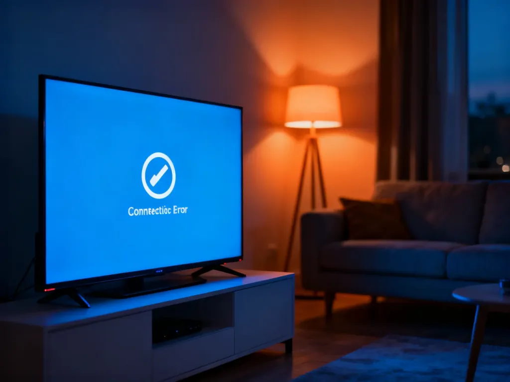 Nowoczesny telewizor w przytulnym salonie wyświetlający ikonę błędu połączenia z siecią.