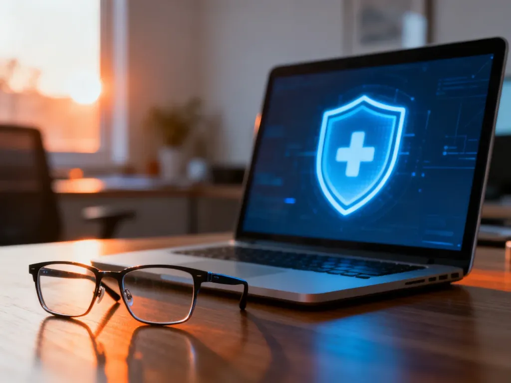 Nowoczesny laptop z ikoną tarczy na ekranie, symbolizujący prywatność i bezpieczne przeglądanie internetu w domowym biurze.