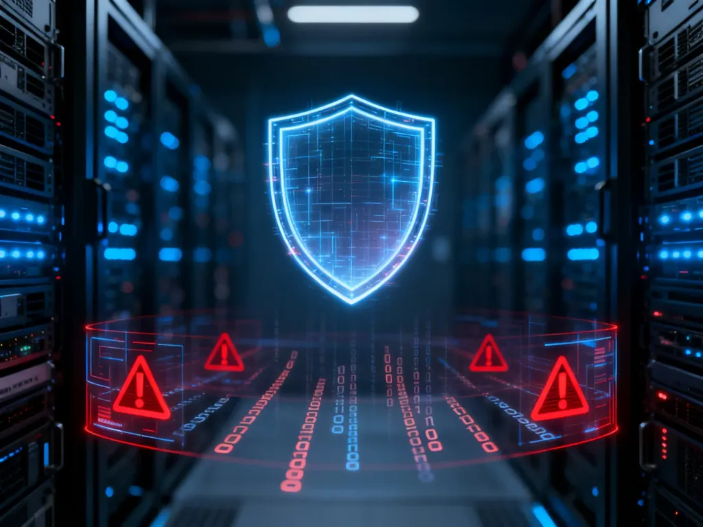 Świecąca cyfrowa tarcza chroniąca serwerownię przed zagrożeniami, symbolizująca bezpieczeństwo w cyberprzestrzeni.