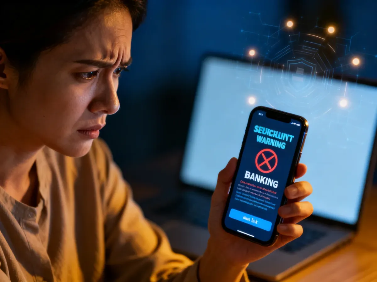 Osoba sprawdzająca podejrzaną wiadomość bankową na smartfonie