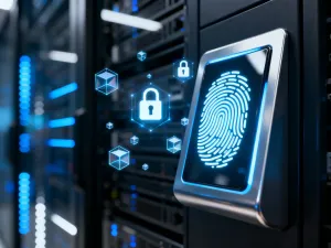 Świecąca ikona kłódki na tle układów scalonych i kodu binarnego, symbolizująca ochronę danych przed atakami ransomware.