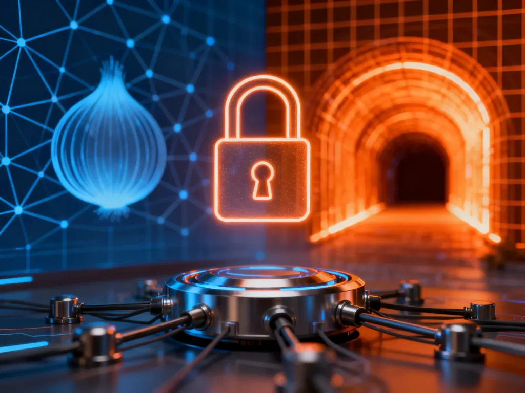Cyfrowa ilustracja przedstawiająca koncepcję anonimowości w sieci, zestawiająca wizualizację sieci Tor z bezpiecznym tunelem VPN.