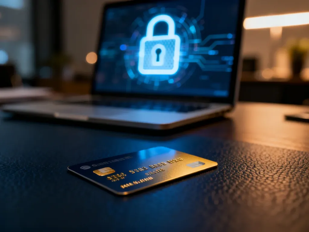 Karta płatnicza na biurku przy laptopie z ikoną kłódki, symbolizująca bezpieczne transakcje online.