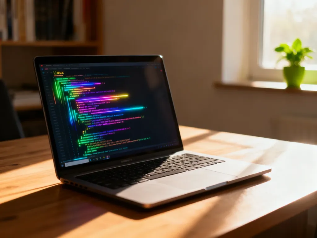 Nowoczesny laptop na biurku z otwartym terminalem Linuxa w przytulnym domowym biurze.