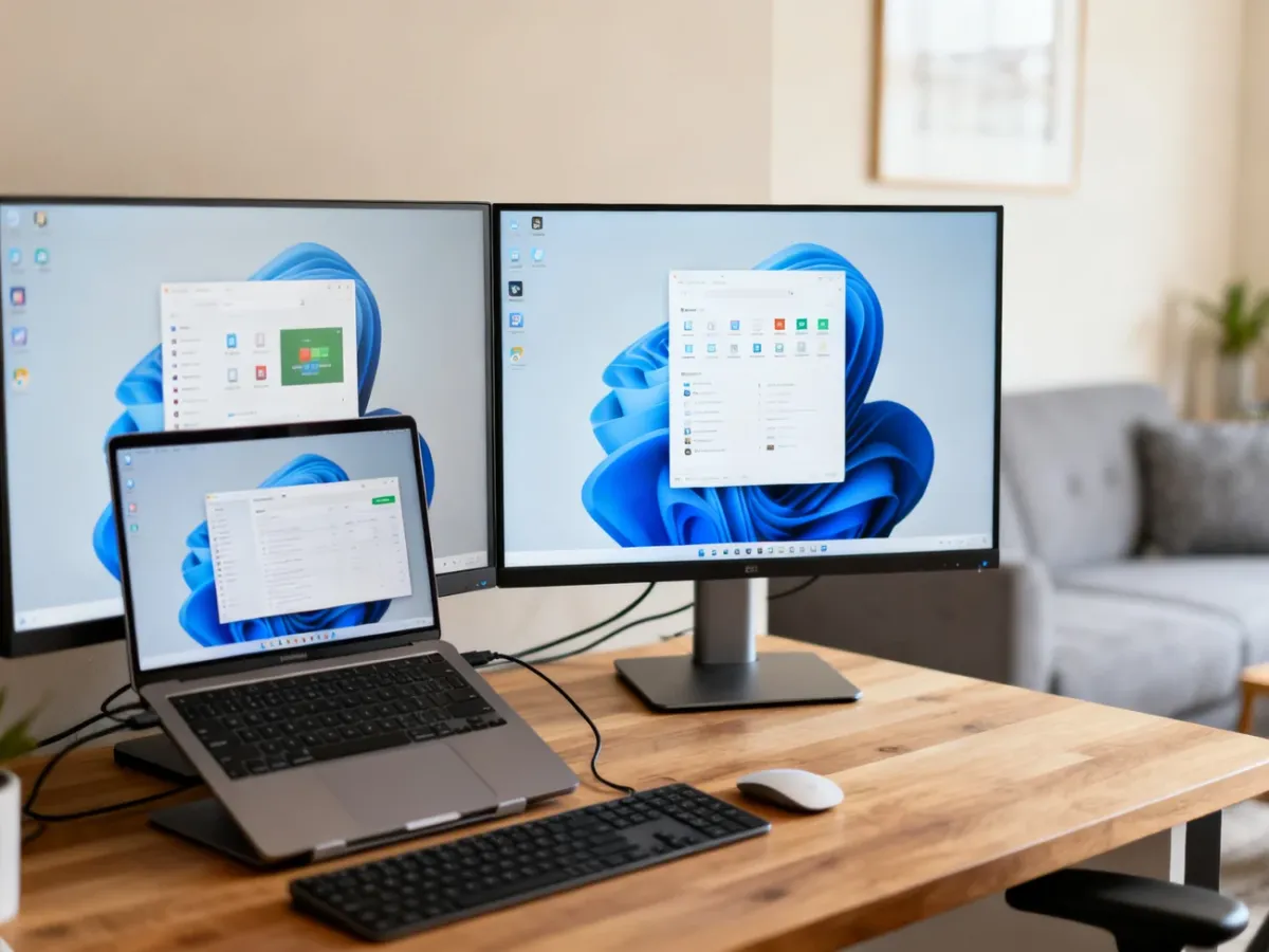 Laptop z dwoma monitorami ustawionymi jako rozszerzony pulpit