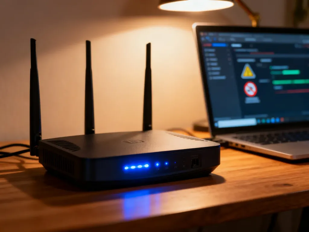 Nowoczesny router z aktywnymi diodami LED oraz laptop z otwartymi ustawieniami sieciowymi na biurku.
