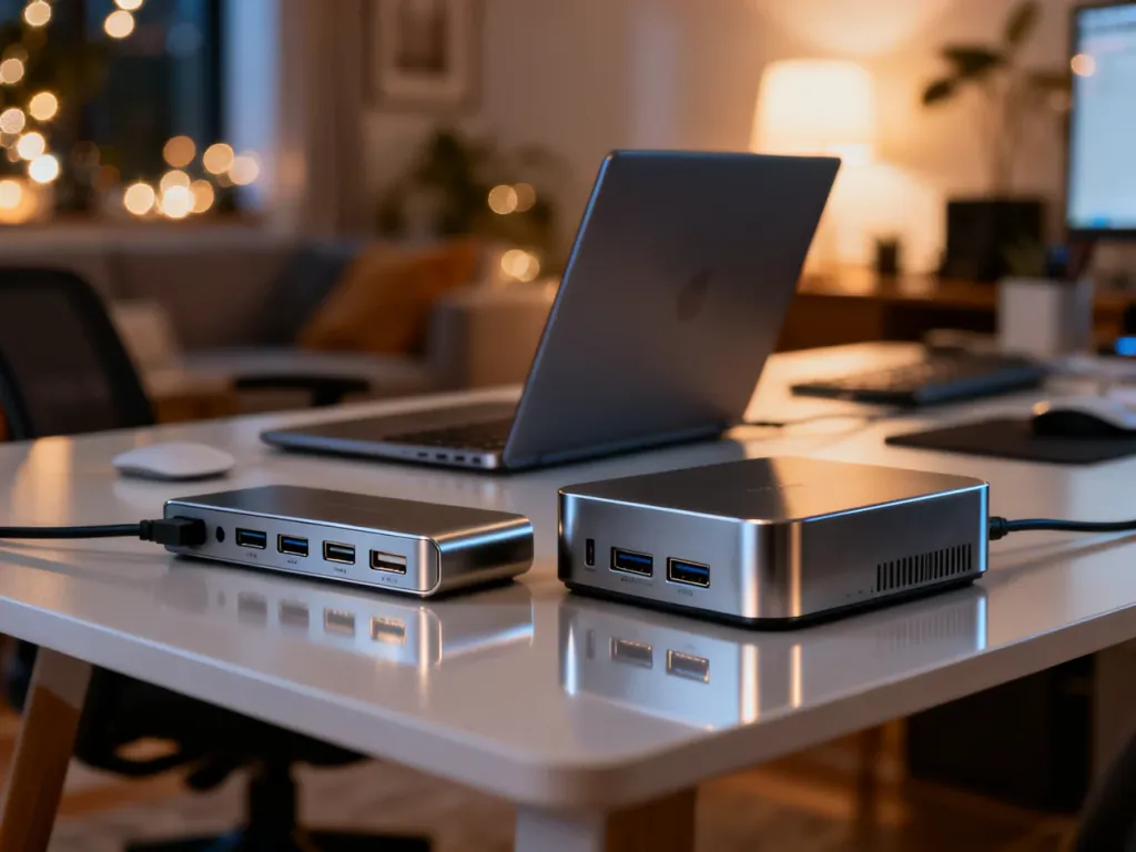 Porównanie stacji dokującej i huba USB na biurku, ułatwiające wybór odpowiedniego akcesorium do laptopa.