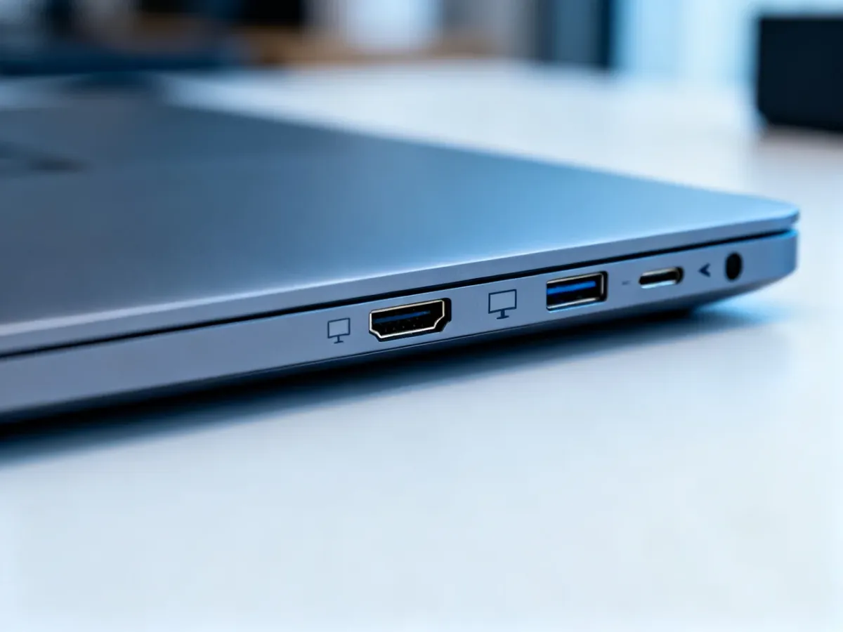 Boczne porty laptopa HDMI, DisplayPort i USB-C do podłączania monitorów