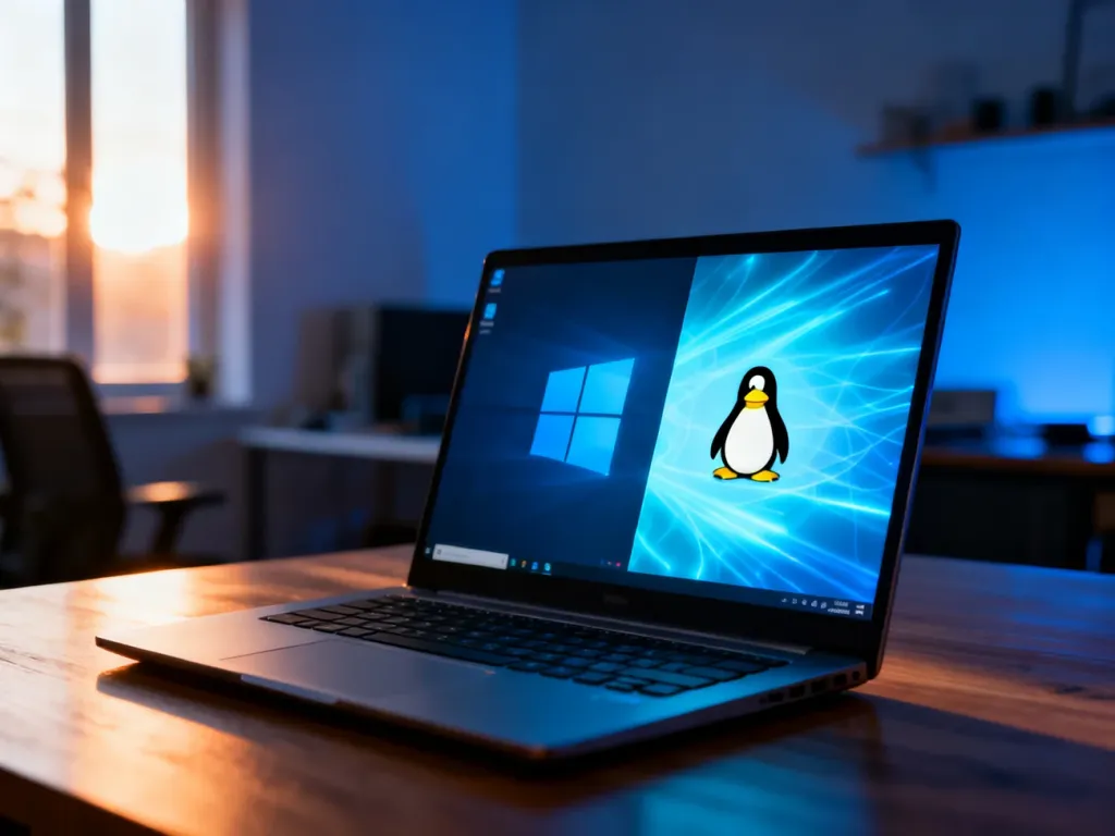Otwarty laptop na biurku z wyświetlonym interfejsem symbolizującym współistnienie systemów Windows i Linux.