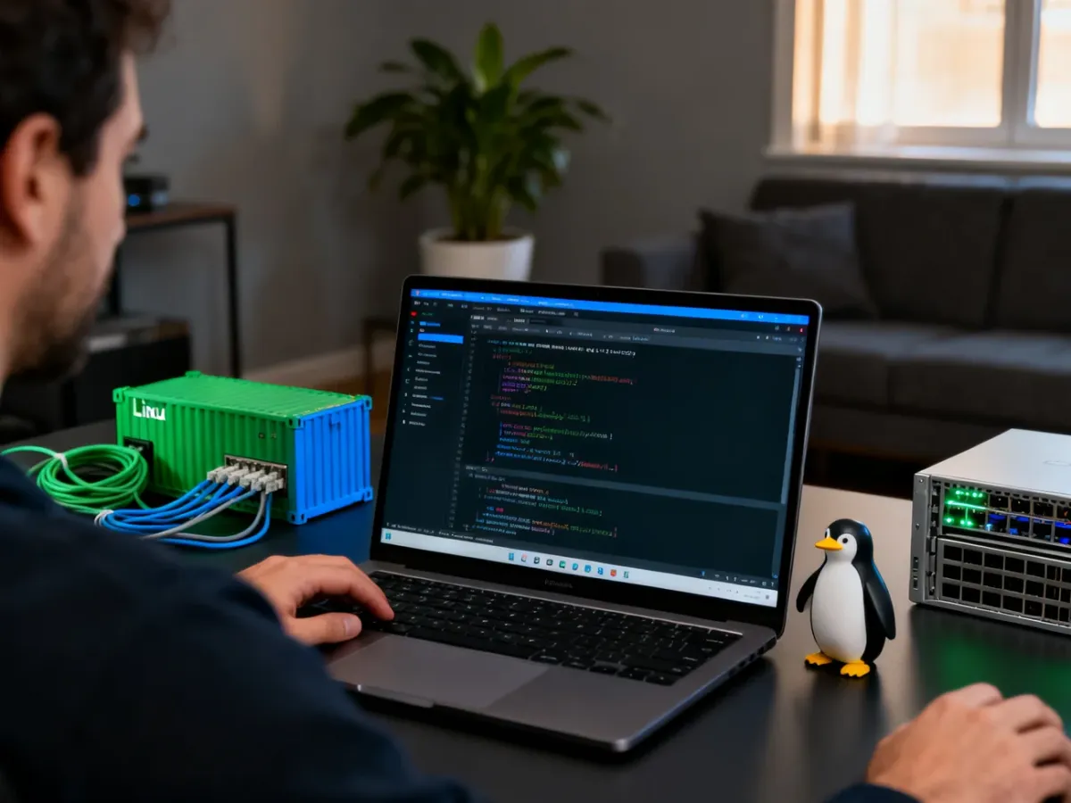 Programista pracujący na laptopie z systemem Linux
